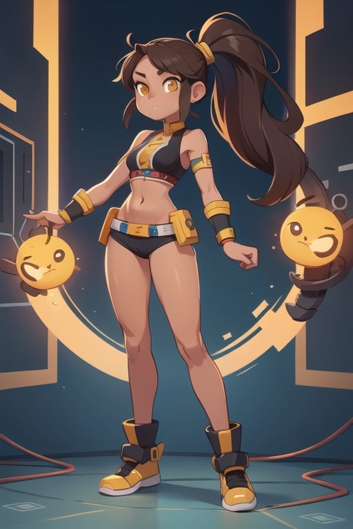 2.5D, an aztec girl, perfect body, full body, black skin,
long hair, ponytail, brown hair, yellow eyes, buff, cyber punk
 

