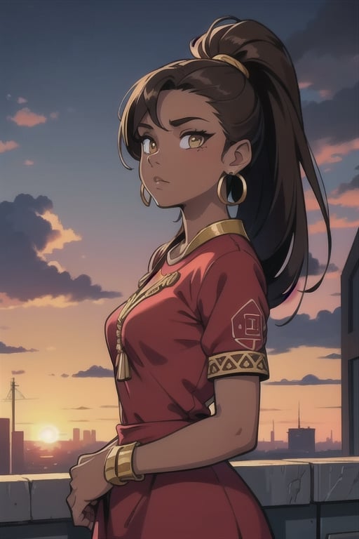 2.5D, an aztec girl, perfect body, black skin,brown skin,dark_skin_female , full body, traditional aztec clothes, 20 years old
long hair, ponytail, brown hair, yellow eyes, buff, outside,clouds,rooftop,cyberpunk, (insanely detailed, beautiful detailed face, gold streak in hair, gold_hoops, gold earings, red dress 
,Lofi,Girl,Sunrise