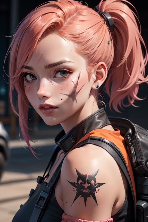 Apex legends, pink hair, orange hair, scar on cheek, rough skin