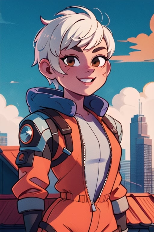 
Valk,white hair,short hair,brown eyes, orange bodysuit, smile, upper body,standing, outside,clouds,rooftop,cyberpunk, (insanely detailed, beautiful detailed face, masterpiece, best quality) solo,lofi,wraith (apex legends),wattson (apex legends)