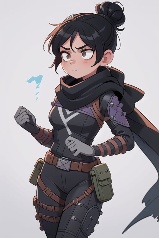 (masterpiece, best quality:1.2),  , wraith (apex legends), 1girl, solo, single hair bun, hair bun, bodysuit, scarf, black bodysuit, black hair, black scarf, belt, brown belt, gloves, black gloves, thigh strap, facing_away