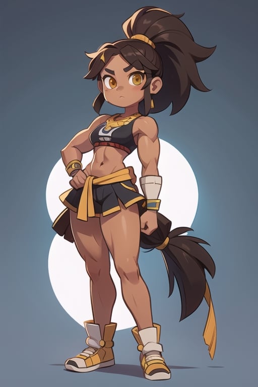 2.5D, an aztec girl, perfect body, full body, black skin,
long hair, ponytail, brown hair, yellow eyes, muscle
 

