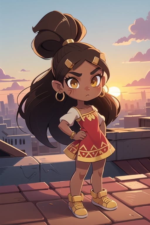 2.5D, an aztec girl, perfect body, black skin,brown skin,dark_skin_female ,hispanic , full body, traditional aztec clothes, 20 years old
long hair, ponytail, brown hair, yellow eyes, buff, outside,clouds,rooftop,cyberpunk, (insanely detailed, beautiful detailed face, gold streak in hair, gold_hoops, gold earings, red dress , white tunic
,Lofi,Girl,Sunrise, collarbone,Boy,Style