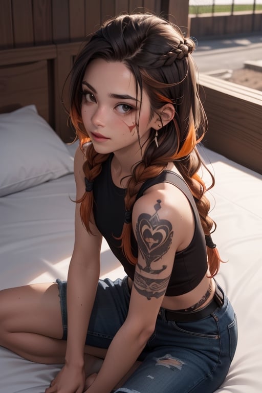 Apex legends, orange hair, black_hair,bed_head, scar on cheek, rough skin, small tattoo , brown_skin, braided_hair, outdoors