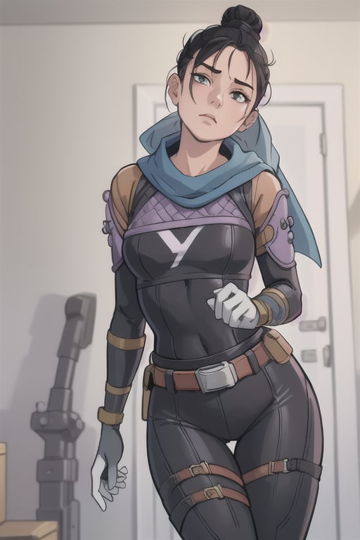 (masterpiece, best quality:1.2),  , wraith (apex legends), 1girl, solo, single hair bun, hair bun, bodysuit, scarf, black bodysuit, black hair, black scarf, belt, brown belt, gloves, black gloves, thigh strap, facing_away