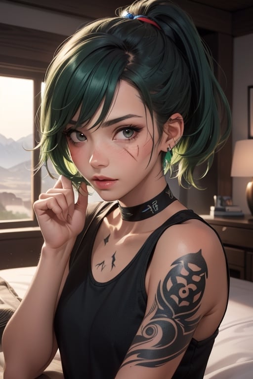 Apex legends, green hair, black_hair,bed_head, scar on cheek, rough skin, small tattoo , brown_skin