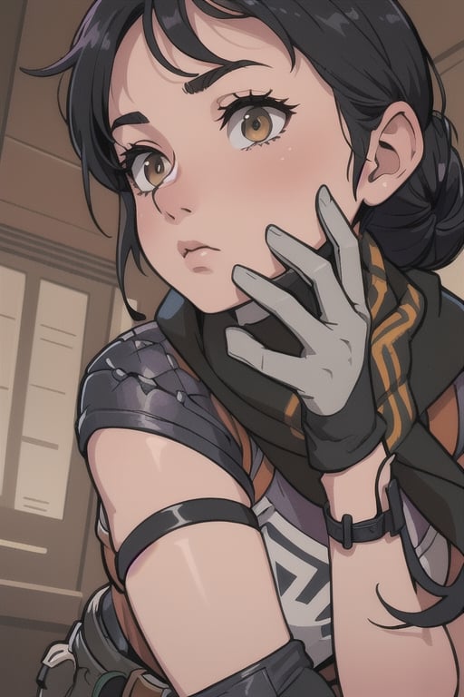 (masterpiece, best quality:1.2),  , wraith (apex legends), 1girl, solo, single hair bun, hair bun, bodysuit, scarf, black bodysuit, black hair, black scarf, belt, brown belt, gloves, black gloves, thigh strap, facing_away