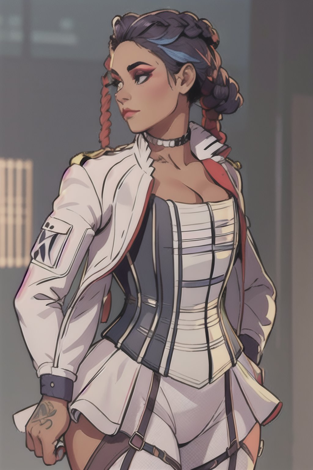 1girl, beautiful lobapex, white jacket, tattoo, corset, skirt, pants, choker, colored hair, makeup,  athletic, (wide hips, thick thighs:0.7), volumetric lighting, best quality, masterpiece, intricate details, tonemapping, sharp focus, very detailed, trending on Artstation, realistic  