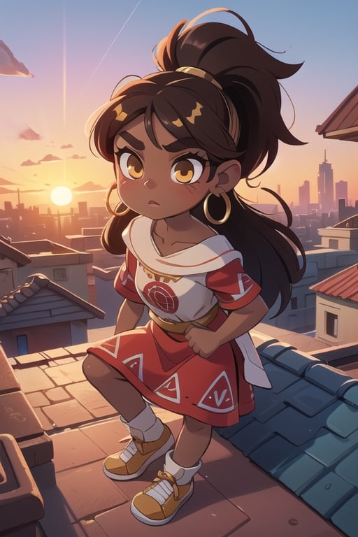 2.5D, an aztec girl, perfect body, black skin,brown skin,dark_skin_female ,hispanic , full body, traditional aztec clothes, 20 years old
long hair, ponytail, brown hair, yellow eyes, buff, outside,clouds,rooftop,cyberpunk, (insanely detailed, beautiful detailed face, gold streak in hair, gold_hoops, gold earings, red dress , white tunic
,Lofi,Girl,Sunrise, collarbone,Boy,Style