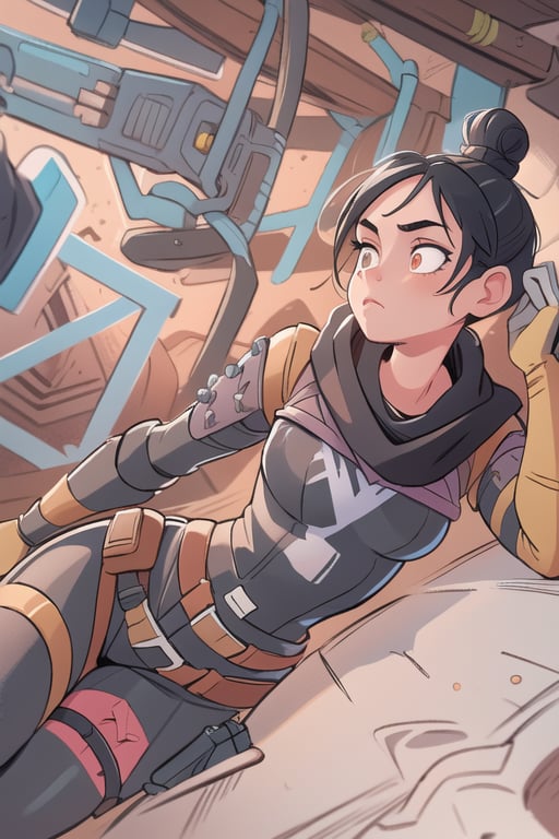 (masterpiece, best quality:1.2),  , wraith (apex legends), 1girl, solo, single hair bun, hair bun, bodysuit, scarf, black bodysuit, black hair, black scarf, belt, brown belt, gloves, black gloves, thigh strap, facing_away