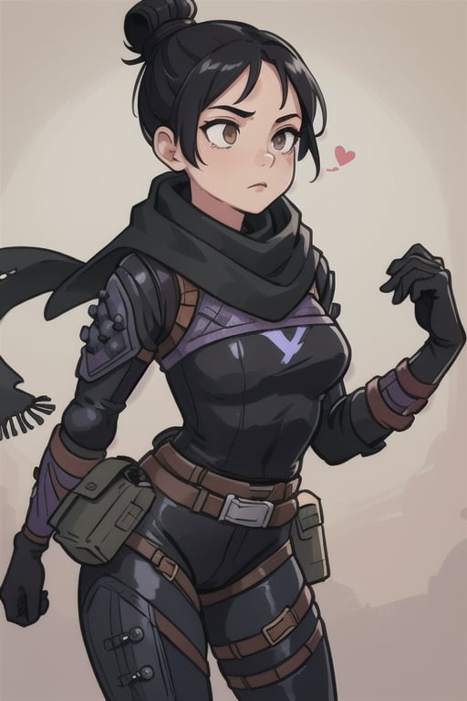 (masterpiece, best quality:1.2),  , wraith (apex legends), 1girl, solo, single hair bun, hair bun, bodysuit, scarf, black bodysuit, black hair, black scarf, belt, brown belt, gloves, black gloves, thigh strap, facing_away