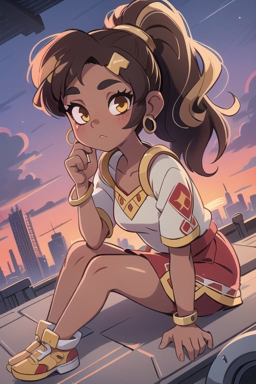 2.5D, an aztec girl, perfect body, black skin,brown skin,dark_skin_female ,hispanic , full body, traditional aztec clothes, 20 years old
long hair, ponytail, brown hair, yellow eyes, buff, outside,clouds,rooftop,cyberpunk, (insanely detailed, beautiful detailed face, gold streak in hair, gold_hoops, gold earings, red dress , white tunic
,Lofi,Girl,Sunrise, collarbone,Boy,Style