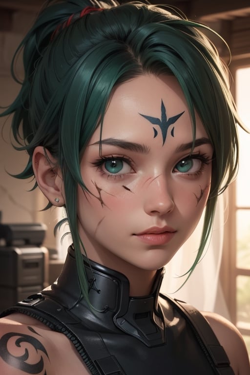 Apex legends, green hair, black_hair,bed_head, scar on cheek, rough skin, small tattoo , brown_skin