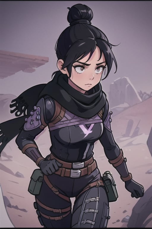 (masterpiece, best quality:1.2),  , wraith (apex legends), 1girl, solo, single hair bun, hair bun, bodysuit, scarf, black bodysuit, black hair, black scarf, belt, brown belt, gloves, black gloves, thigh strap, facing_away