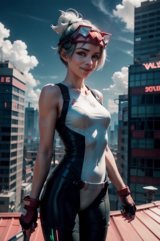 
Valk,white hair,short hair,green  eyes, smile, bodysuit ,upper body,standing, outside,clouds,rooftop,cyberpunk, (insanely detailed, beautiful detailed face, masterpiece, best quality) solo,Lofi,Girl,1girl,ahCat