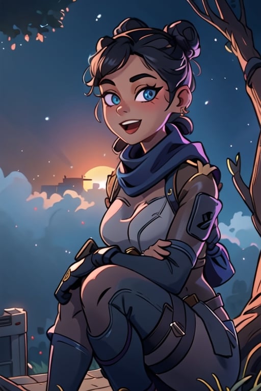 Lofi,masterpiece, best quality:1.2), , wraith (apex legends), 1girl, solo, single hair bun, hair bun, bodysuit, scarf, black bodysuit, holding, breasts, black hair, black scarf, blue eyes, belt, brown belt, bangs, parted bangs, hair behind ear, gloves, nose piercing, black gloves, thigh strap, squatting, open mouth, smile, looking at viewer, outdoors, night, fog, sitting in tree,
,Girl,lobapex