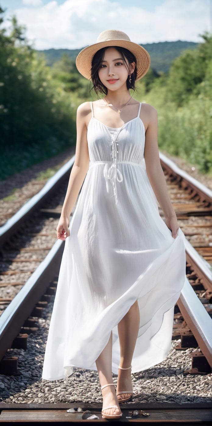 xxmix_girl,xxmix_girl, (masterpiece:1.2, best quality:1.2), (ultra detailed), (realistic), beautiful, high quality, highres:1.1, aesthetic), a girl walking on a ((railroad track)), arms open and smiling, The railroad track is on the water, with the horizon in the distance, There is no land, The sky is reflected water's surface, She wearing a white summer dress, white thunderclouds floating deep blue sky, lens flare, ray tracing, photo quality, high contrast summer scene, SILHOUETTE LIGHT PARTICLES,3d style,3d toon style,xxmixgirl