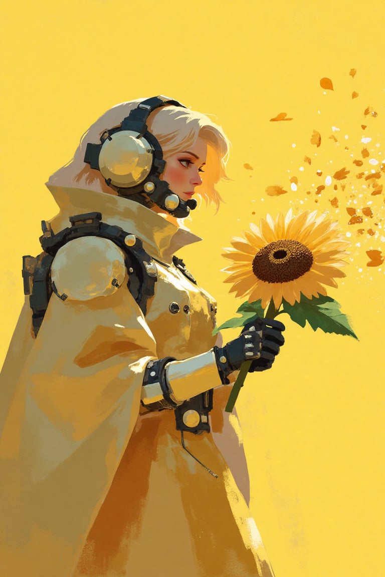 CLOSE UP,  A whimsical scene a yellowish girl wearing cybernetic suit holding a sunflower that flowing petals by nayamul o...