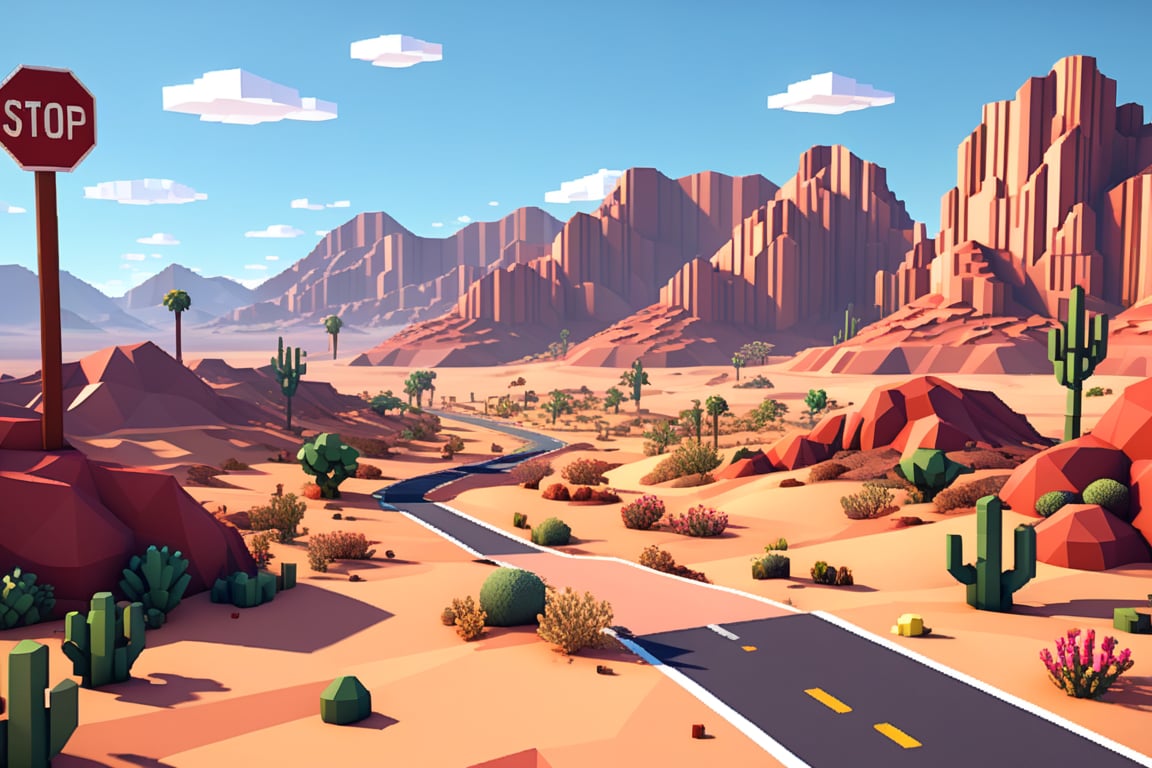 an image from an interactive game that is a pixelated landscape with trees and flowers desert,

a low poly cartoon desert landscape with some rocky hills in it, desert,

a small low polygon style 3D scene with a red rock and dirt desert,

an animated landscape with mountains red rocks, and a road with a stop sign, desert,