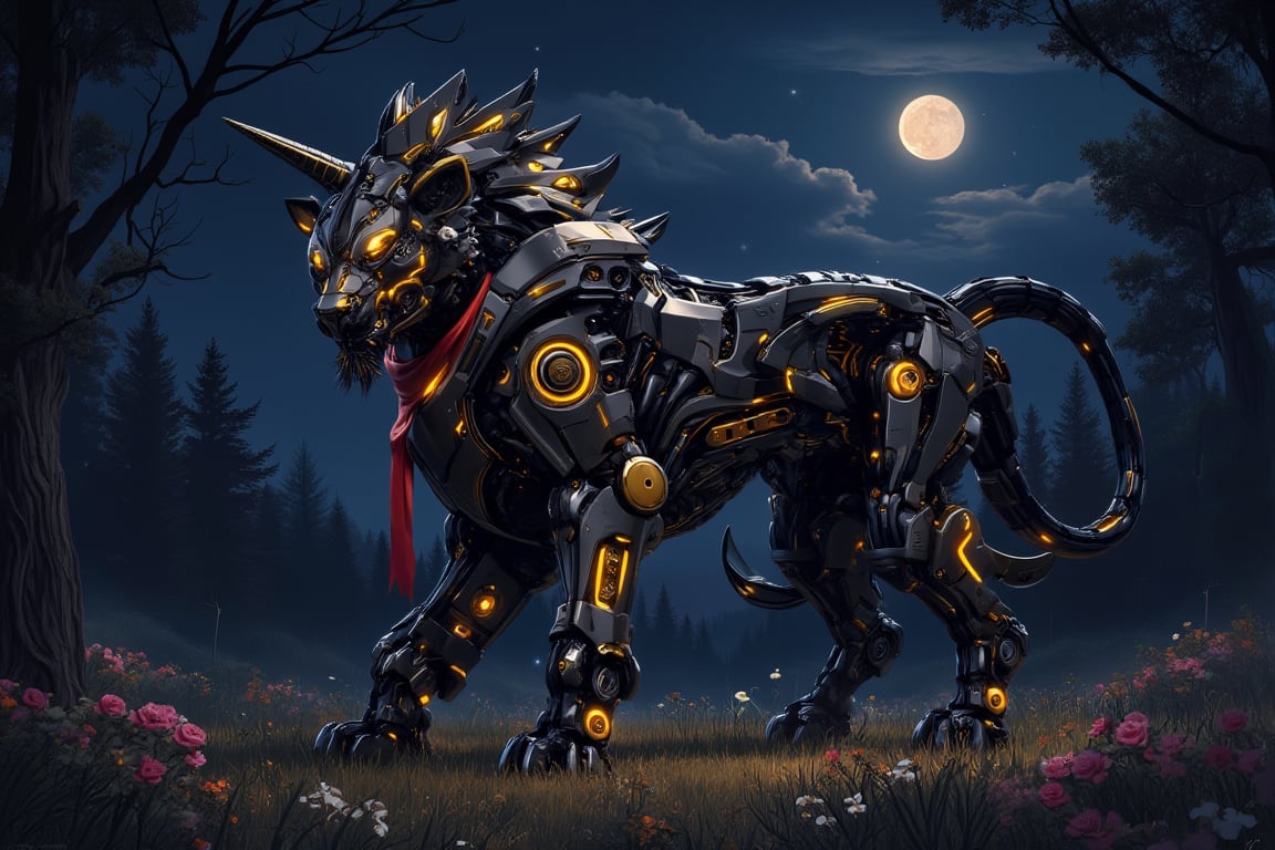 Masterpiece, Professional, Top Quality, High Resolution, Highly Detailed, Perfectly Detailed, intricate details, absurdres, extremely detail, extremely machinery details,biomechanical organs, see-trough skin,A digital painting of a black and gold lion.  There are trees behind the lion. There is a red ribbon around the neck of the lion's neck., robot, no humans, glowing, moon, night, single horn, glowing eyes, solo, full moon, flower, robot joints, horse, mecha, , outdoors, mechanical parts, tree, non-humanoid robot, nature, night sky, orange eyes, science fiction