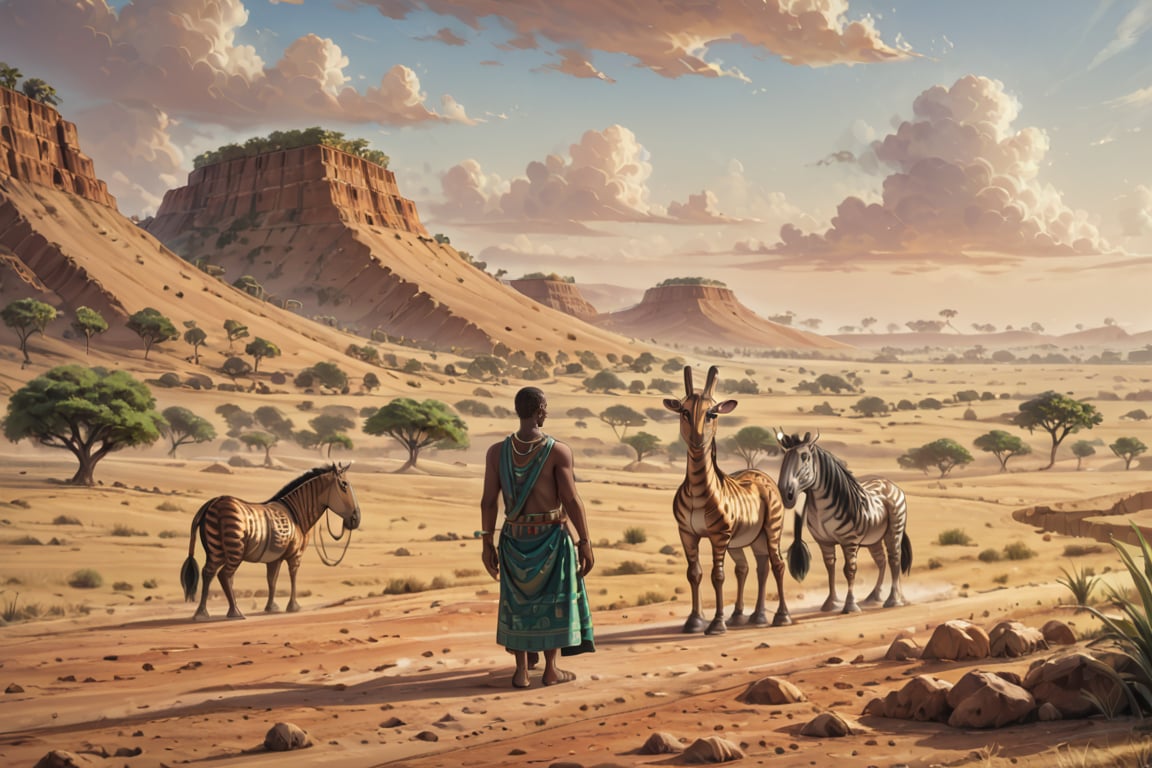  score_9, score_6_up, score_5_up,Very detailed, perfect image. masterpiece. A masterpiece of a scene depicting a San African landscape,  the scene takes place in south africa savanna. African savannah landscape