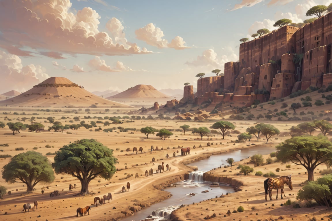  score_9, score_6_up, score_5_up,Very detailed, perfect image. masterpiece. A masterpiece of a scene depicting a San African landscape,  the scene takes place in south africa savanna. African savannah landscape