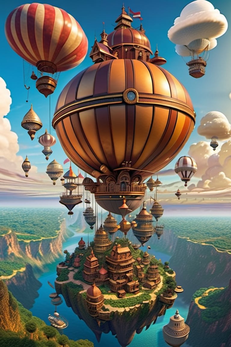 a realm where steampunk airships sail through a sky filled with floating islands, each hosting a different biome and civilization