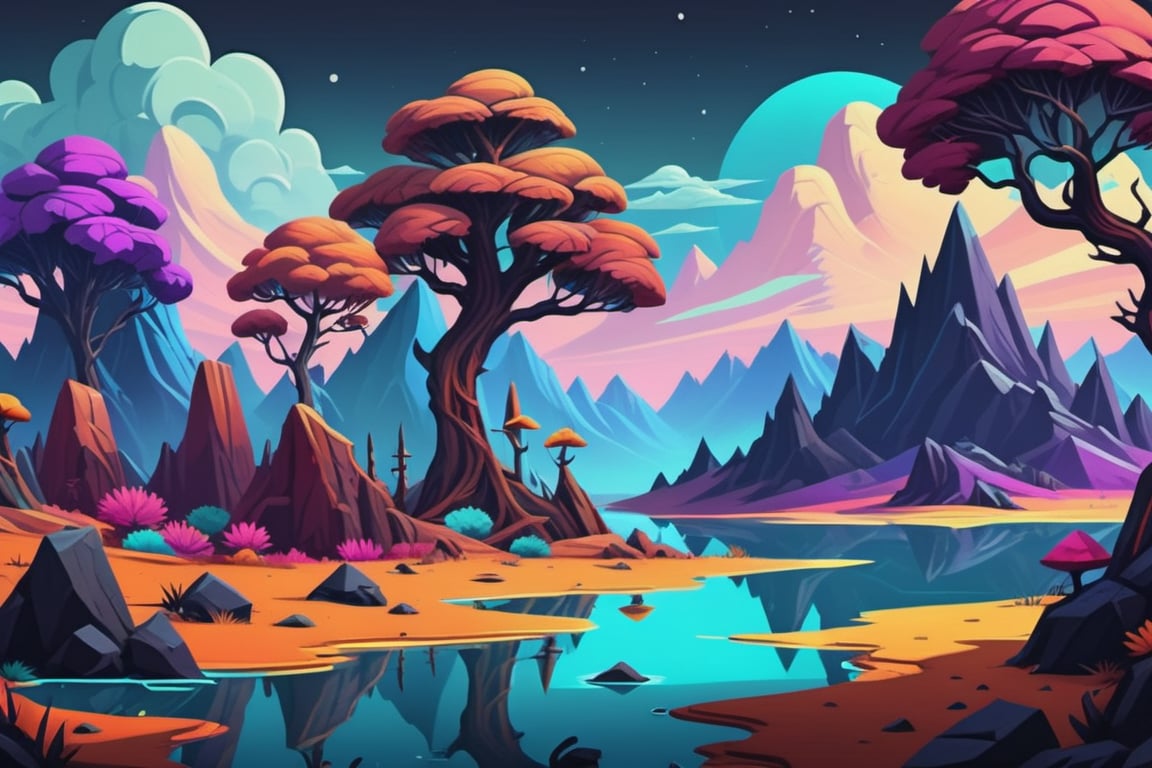 2D sprite of a Stylized landscape, surreal art style with a vibrant color palette, dreamlike landscapes  ,designed for an RTS game. 