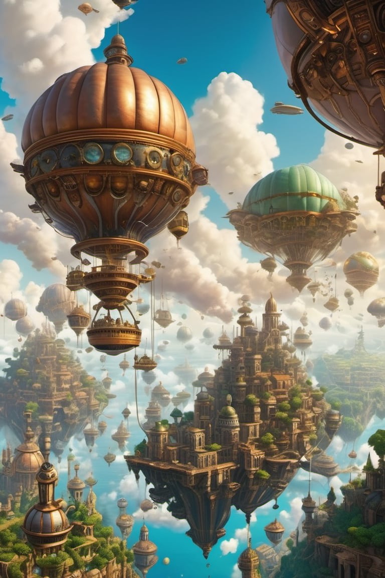 a realm where steampunk airships sail through a sky filled with floating islands, each hosting a different biome and civilization