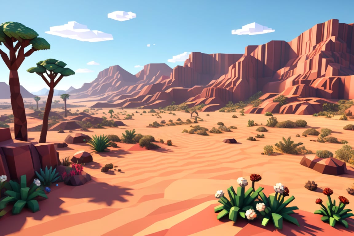 an image from an interactive game that is a pixelated landscape with trees and flowers desert,

a low poly cartoon african desert landscape with some rocky hills in it, desert,

a small low polygon style 3D scene with a red rock and dirt african desert,

an animated landscape with mountains red rocks, african desert,