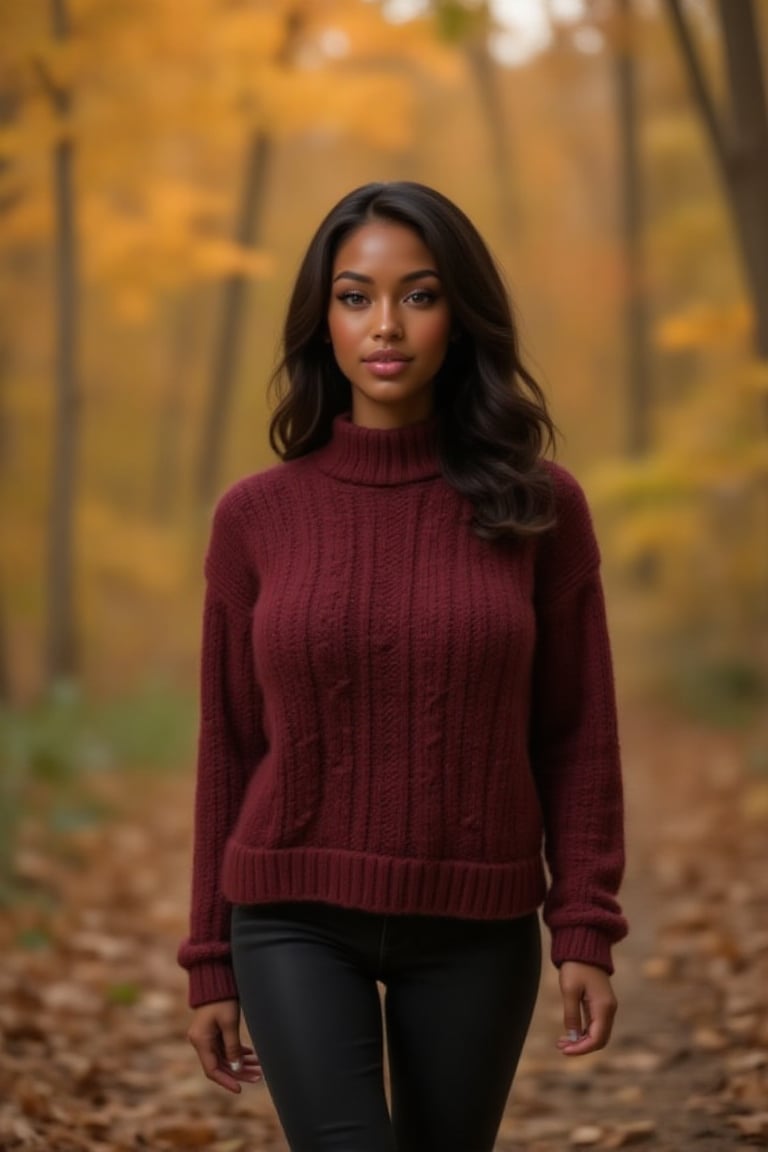 source_video, reduced contrast, A 19-year-old ebony girl, as a nature enthusiast in an enchanting autumn forest. She is of black ethnicity with long, wavy hair cascading down her back, showcasing her very dark chocolate skin, black girl, black American, whose striking appearance is flawless, attractive, and irresistibly charming. She is taking a serene walk, exuding a mix of tranquility and adventurous spirit. She's wearing a cozy, stylish outfit, a cable-knit sweater in a rich burgundy color and dark skinny jeans, both complementing her slender figure and curvaceous form. Her wavy hair adds a touch of natural elegance. Her face is serene, with big, round eyes and large pupils, no glasses. Her thick, natural brows are slightly arched. Her expression is peaceful and content, with a gentle smile. Her quirky dimples and subtle freckles add to her natural charm. As she walks through the colorful foliage, the warm, golden light of the setting sun and cinematic lighting highlight her stunning features, with HDR and iridescent shadows emphasizing her harmonious connection with nature. Her style is a perfect blend of comfort and elegance, with a touch of rustic charm. Capture this moment in a clean, whimsical, 3D, realistic, and ultra-detailed elements blended with professional photography and cinematic LUT. Petite, slim, curvy, with a well-defined bust. Shot in 8k 60fps with realistic analog filter and visible film grain, f3/8, picture-perfect, premium quality, double quality, upscaled.,Dark skin tone