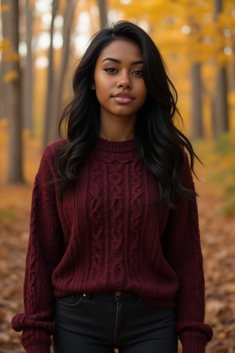 source_video, reduced contrast, A 19-year-old ebony girl, as a nature enthusiast in an enchanting autumn forest. She is of black ethnicity with long, wavy hair cascading down her back, showcasing her very dark chocolate skin, black girl, black American, whose striking appearance is flawless, attractive, and irresistibly charming. She is taking a serene walk, exuding a mix of tranquility and adventurous spirit. She's wearing a cozy, stylish outfit, a cable-knit sweater in a rich burgundy color and dark skinny jeans, both complementing her slender figure and curvaceous form. Her wavy hair adds a touch of natural elegance. Her face is serene, with big, round eyes and large pupils, no glasses. Her thick, natural brows are slightly arched. Her expression is peaceful and content, with a gentle smile. Her quirky dimples and subtle freckles add to her natural charm. As she walks through the colorful foliage, the warm, golden light of the setting sun and cinematic lighting highlight her stunning features, with HDR and iridescent shadows emphasizing her harmonious connection with nature. Her style is a perfect blend of comfort and elegance, with a touch of rustic charm. Capture this moment in a clean, whimsical, 3D, realistic, and ultra-detailed elements blended with professional photography and cinematic LUT. Petite, slim, curvy, with a well-defined bust. Shot in 8k 60fps with realistic analog filter and visible film grain, f3/8, picture-perfect, premium quality, double quality, upscaled.