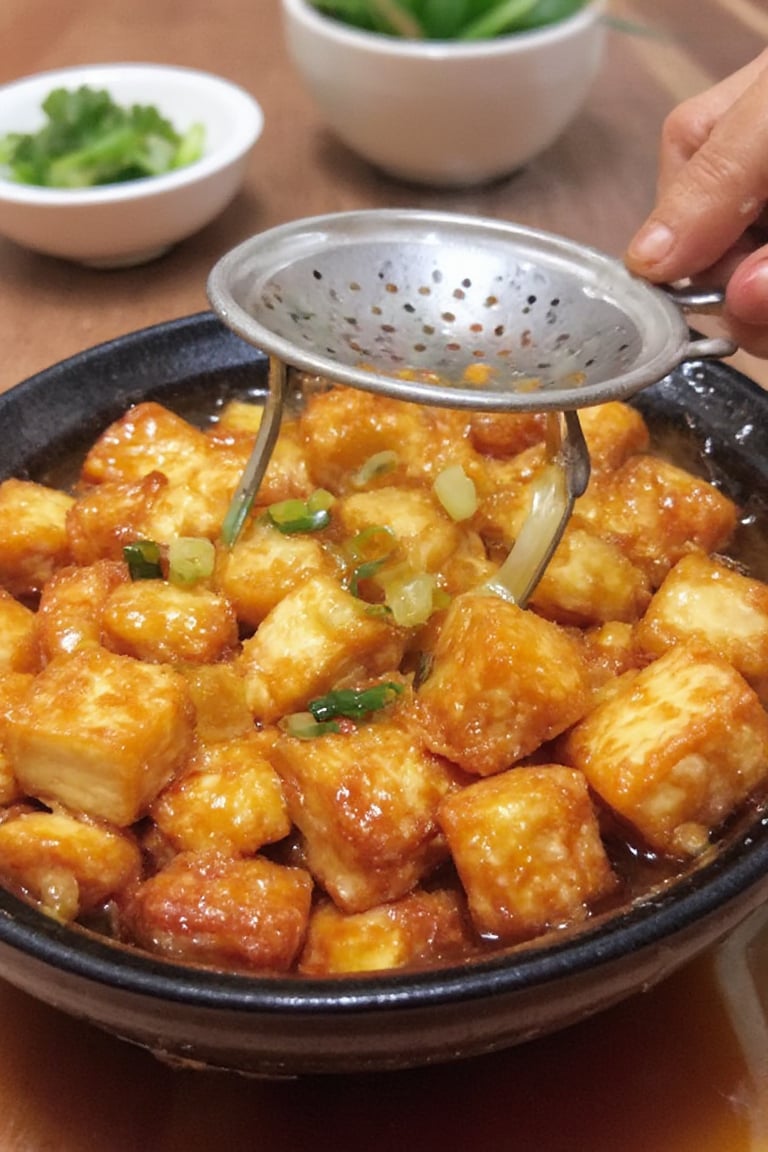 Close-up shot of a large wok filled with hot oil, frying golden cubes of tofu. Crispy brown edges contrast with lighter center pieces, oil bubbles and splatters visible. Steam rises from the wok. A hand holding a metal strainer is about to scoop or stir the tofu. Bright kitchen lighting highlights vibrant colors and dynamic cooking action. Background items include sauce bowls and chopped green onions.