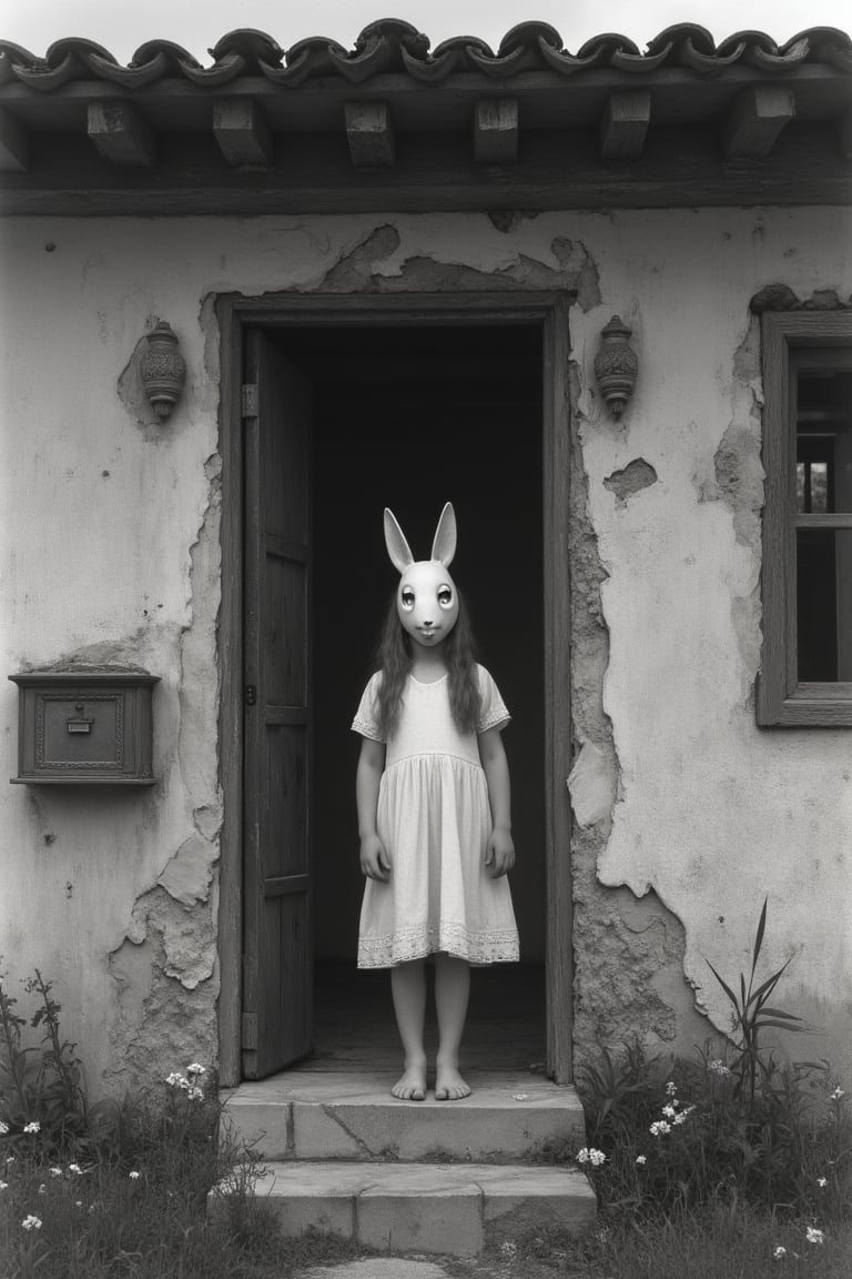 A black-and-white photograph of a young girl standing on the steps of a dilapidated house. She wears a white, short-sleeved dress that reaches her knees, barefoot with long hair. Her face is covered by a large, white rabbit mask with round eyes and a small nose, giving her a surreal, eerie appearance. The house has a rough, textured exterior, peeling paint, and a dark, aged tile roof. The door is slightly ajar, with small, rectangular windows on either side. A mailbox is mounted on the wall to the left. In the foreground, small flowers and plants add a touch of nature to the somber, mysterious scene, emphasizing the contrast between the girl's innocence and the house's decay.