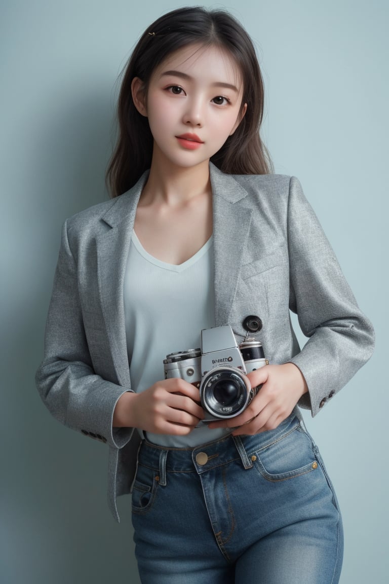 imagine Minimalist Y2K portrait of a girl using Hasselblad camera, by photographer Juergen Teller, retro young Korean idol, sharp contrasty lighting with subtle shadows, desaturated color palette with light baby blue accent, extremely fine details in hair strands and denim textures, 8K ultra high definition studio editorial style
BREAK 
office background,paster,girl,upper body,solo,long hair, suit,very detailed background structures,asheljkt48,frey4,Fuj1,frey4jkt48,Sugar babe 