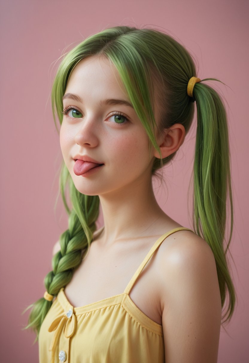 score_9, score_8_up, score_7_up, portrait of a cute woman with lime green hair, pigtails, pink background, closing one eye, winking, tongue out, from side angle, looking at viewer, yellow sundress,