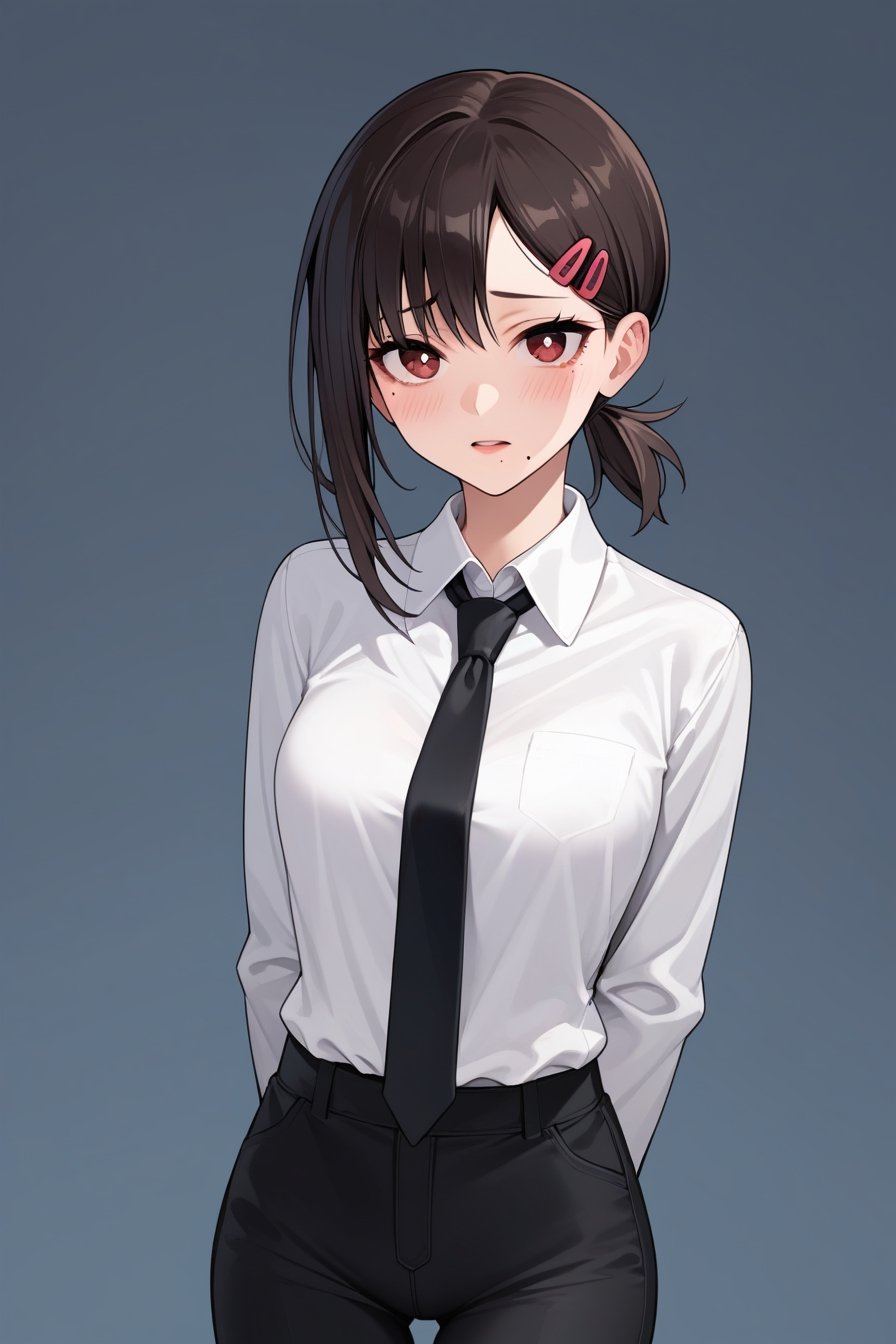 score_9, score_8_up, score_7_up, source_anime, rating_safe, 

1girl, solo, looking at viewer, blush, bangs, shirt, black hair, hair ornament, red eyes, long sleeves, white shirt, cowboy shot, necktie, hairclip, collared shirt, pants, medium hair, mole, mole under eye, arms behind back, thigh gap, black pants, formal, mole under mouth, black necktie, short ponytail, shirt tucked in, single sidelock, higashiyama kobeni