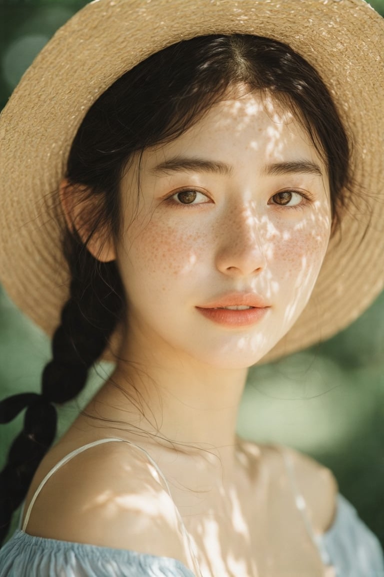 High-resolution photograph of an Asian woman with fair skin and freckles on her cheeks and nose. She has a delicate heart-shaped face, prominent wide-set brown eyes, and slightly parted full lips with a natural soft pink hue. Her dark straight hair is styled in a loose braid over her left shoulder. She wears a wide-brimmed straw hat with a black ribbon, casting intricate shadows from sunlight. Dressed in a light blue off-the-shoulder blouse with a soft, delicate fabric and slight transparency, revealing her collarbone. Out-of-focus background hints at green foliage, suggesting an outdoor garden or park setting. Warm, natural color palette with sunlight enhancing skin texture and hat details. Serene, dreamy atmosphere focused on her natural beauty and light-shadow interplay.