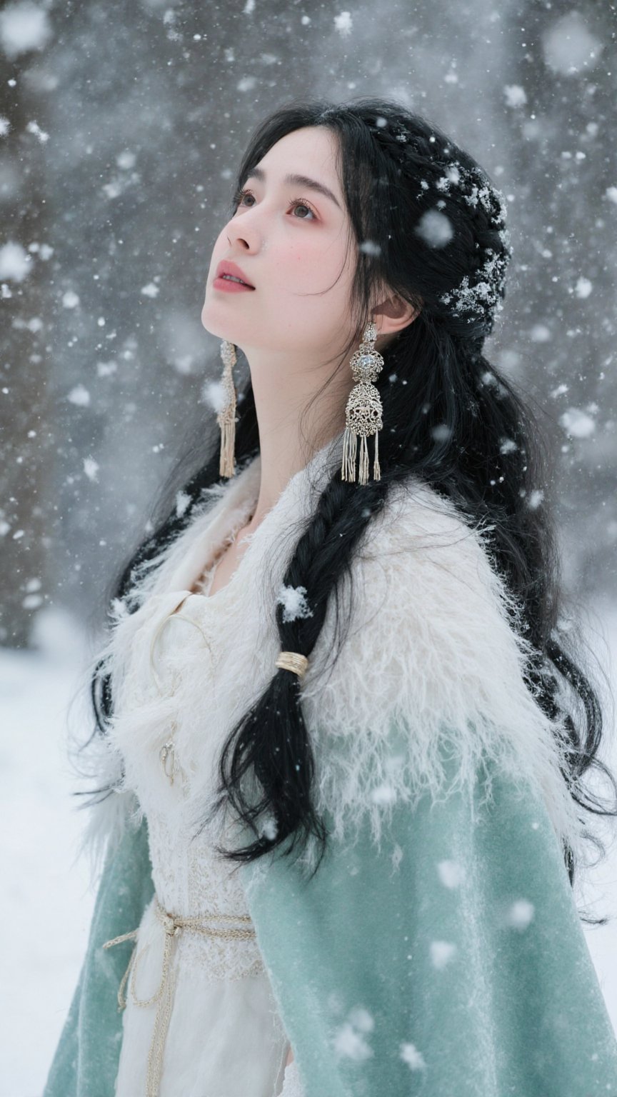 A beautiful woman with long flowing black hair and sweet braided hairstyle adorned with exquisite luxurious tassel ornamen...