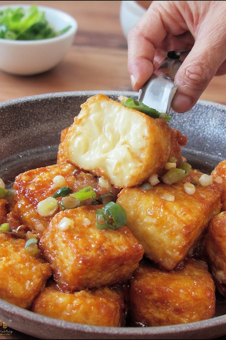 Close-up shot of a large wok filled with hot oil, frying golden cubes of tofu. Crispy brown edges contrast with lighter center pieces, oil bubbles and splatters visible. Steam rises from the wok. A hand holding a metal strainer is about to scoop or stir the tofu. Bright kitchen lighting highlights vibrant colors and dynamic cooking action. Background items include sauce bowls and chopped green onions.