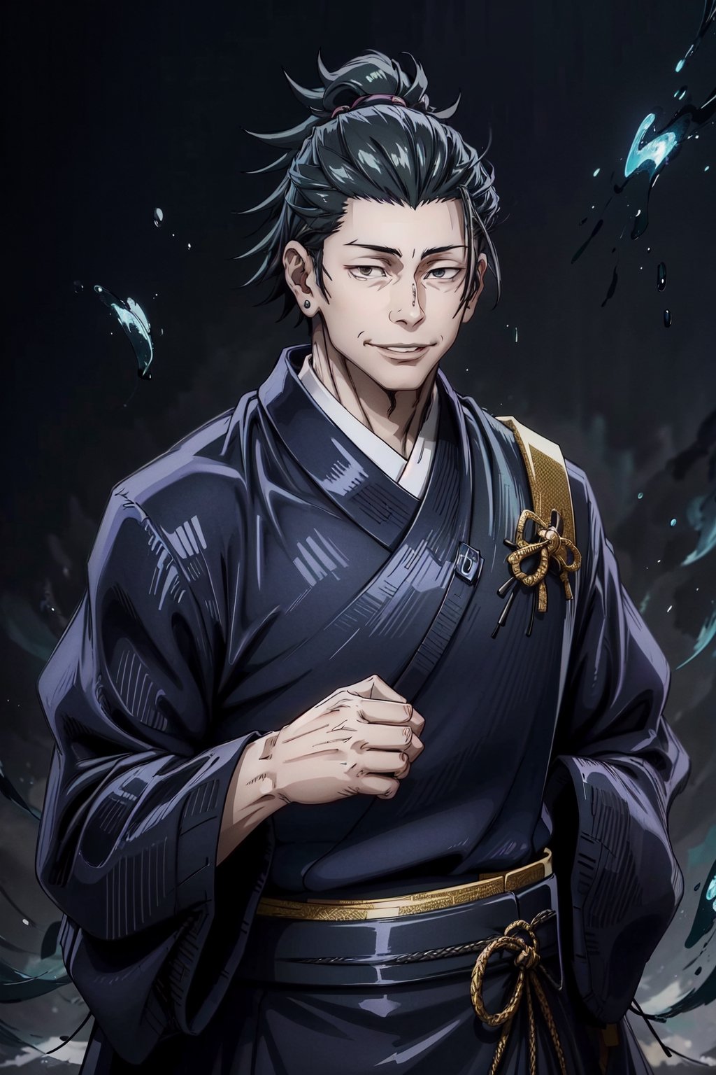 1boy handsome 25 yo, very small inner eyes, big smile, feeling sad, needless, depressed, sharp focus, dynamic, (natural skin texture, hyperrealism:1.25), (skinny:1.25), pale skin, upper body, dark day, black smoke background, long kimono, anime, getou, character_getou, black hair, r1ge, Cursed energy, jujutsu_kaisen:1.4, sketch, Dragon