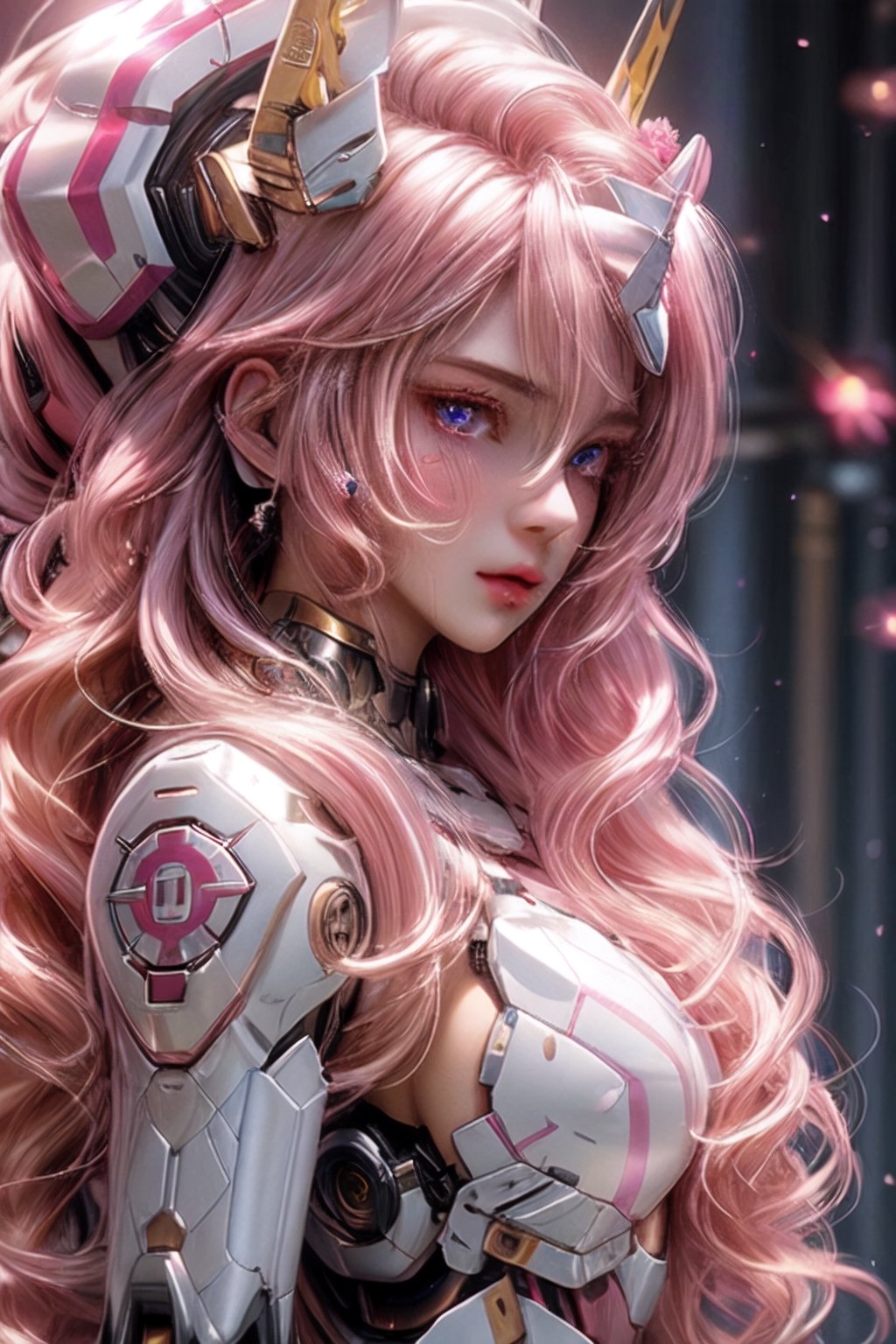 High quality, masterpiece, exquisite facial features, exquisite hair, exquisite pink eyes, gradient blonde colored hair, 8K quality, gorgeous light and shadow, Tyndall effect, halo, straight hair, young state, gorgeous scenes, hard nipples,mecha,nurse_cap, anime,1 girl