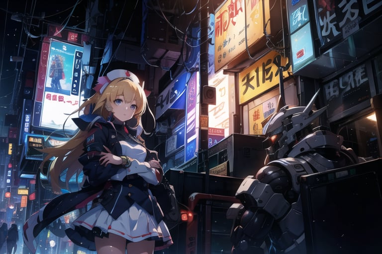 anime, nurse, 2_girls, blonde, long hair, short skirt, detail face, beautiful eyes, detailed eyes, masterpieces, high_resolution,neon palette,mecha musume, white skin, white clothes, real shadow, perfect face, cyberpunk hands, rockman hands, best quality, hyper detail, official art,extremely detailed CG unity 8k wallpaper, agehao,ph_katou