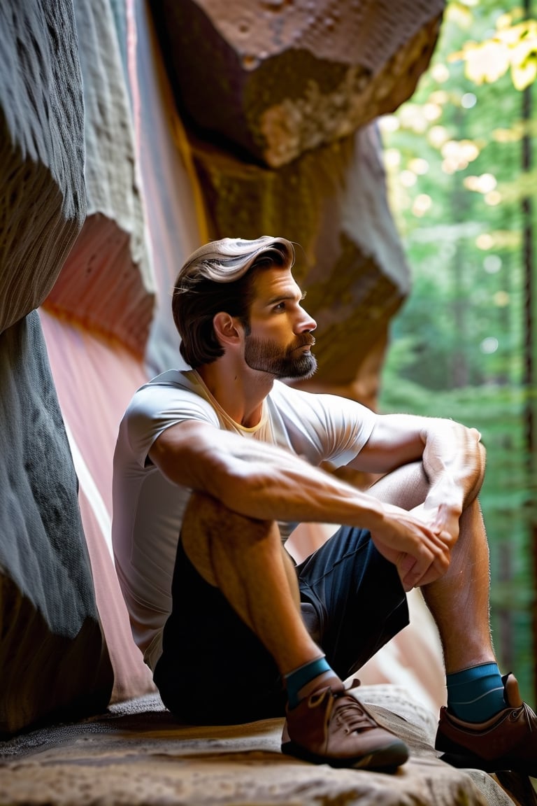 Describe the serene concentration of a 30-something British man, a seasoned white rock climber, as he sits cross-legged before a challenging bouldering wall. Dressed in rock climbing shoes, a crisp white T-shirt, and black shorts, he exudes a calm determination. With focused eyes, he gazes up at the intricate features of the bouldering wall, contemplating his next ascent. Explore the thoughts and emotions that dance within his mind, capturing the essence of the quiet intensity that surrounds this moment of preparation for the upcoming climb,Movie Still,Stylish