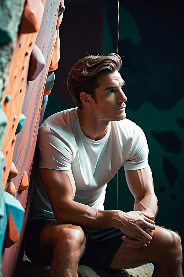 Describe the serene concentration of a 30-something British man, a seasoned white rock climber, as he sits cross-legged before a challenging bouldering wall. Dressed in rock climbing shoes, a crisp white T-shirt, and black shorts, he exudes a calm determination. With focused eyes, he gazes up at the intricate features of the bouldering wall, contemplating his next ascent. Explore the thoughts and emotions that dance within his mind, capturing the essence of the quiet intensity that surrounds this moment of preparation for the upcoming climb,Movie Still,Stylish,clean face, blue_eyes,