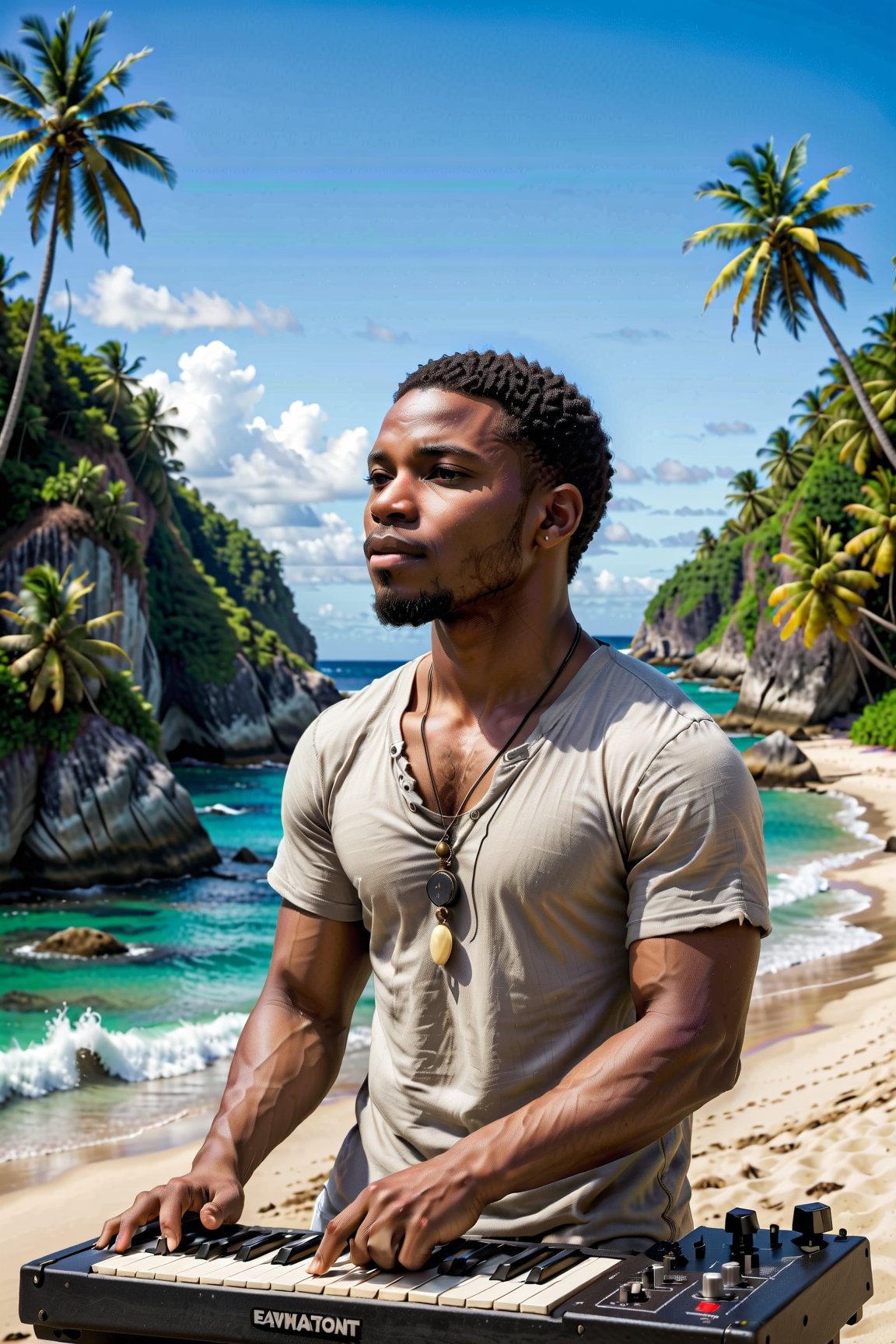 Craft a stable diffusion prompt centered around an African American music producer in a serene coastal setting. Imagine a male musician surrounded by electronic music production equipment, instruments, and gear outdoors, against the backdrop of a beach with coconut trees. Highlight the positivity radiating from the artist and emphasize his short hair and rich, dark skin tone. Encourage the portrayal of a scene where this talented African American musician is deeply engaged in the creative process, expressing his love for music within the beauty of the natural surroundings.






Craft a stable diffusion prompt centered around an African American music producer in a serene coastal setting. Imagine a male musician surrounded by electronic music production equipment, instruments, and gear outdoors, against the backdrop of a beach with coconut trees. Highlight the positivity radiating from the artist and emphasize his short hair and rich, dark skin tone. Encourage the portrayal of a scene where this talented African American musician is deeply engaged in the creative process, expressing his love for music within the beauty of the natural surroundings