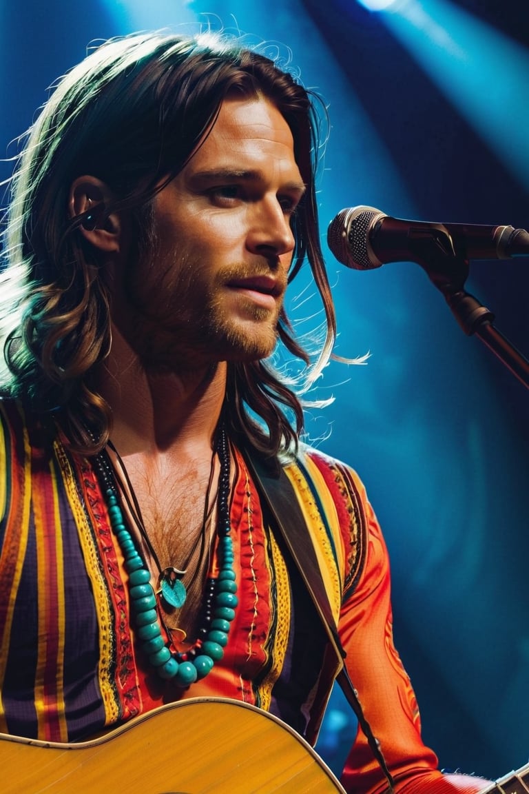 Describe the scene of a charismatic British white rock star in his early thirties, sporting a clean-shaven face, intense blue eyes, and long hair. Dressed in a classic hippie style with vibrant clothing, he stands confidently on a well-lit stage, immersed in the music he creates with his guitar. The atmosphere is electric as a massive crowd cheers and applauds, captivated by his performance. Capture the essence of his connection with the audience and the joy he derives from playing his music.,clean face, blue_eyes,realistic