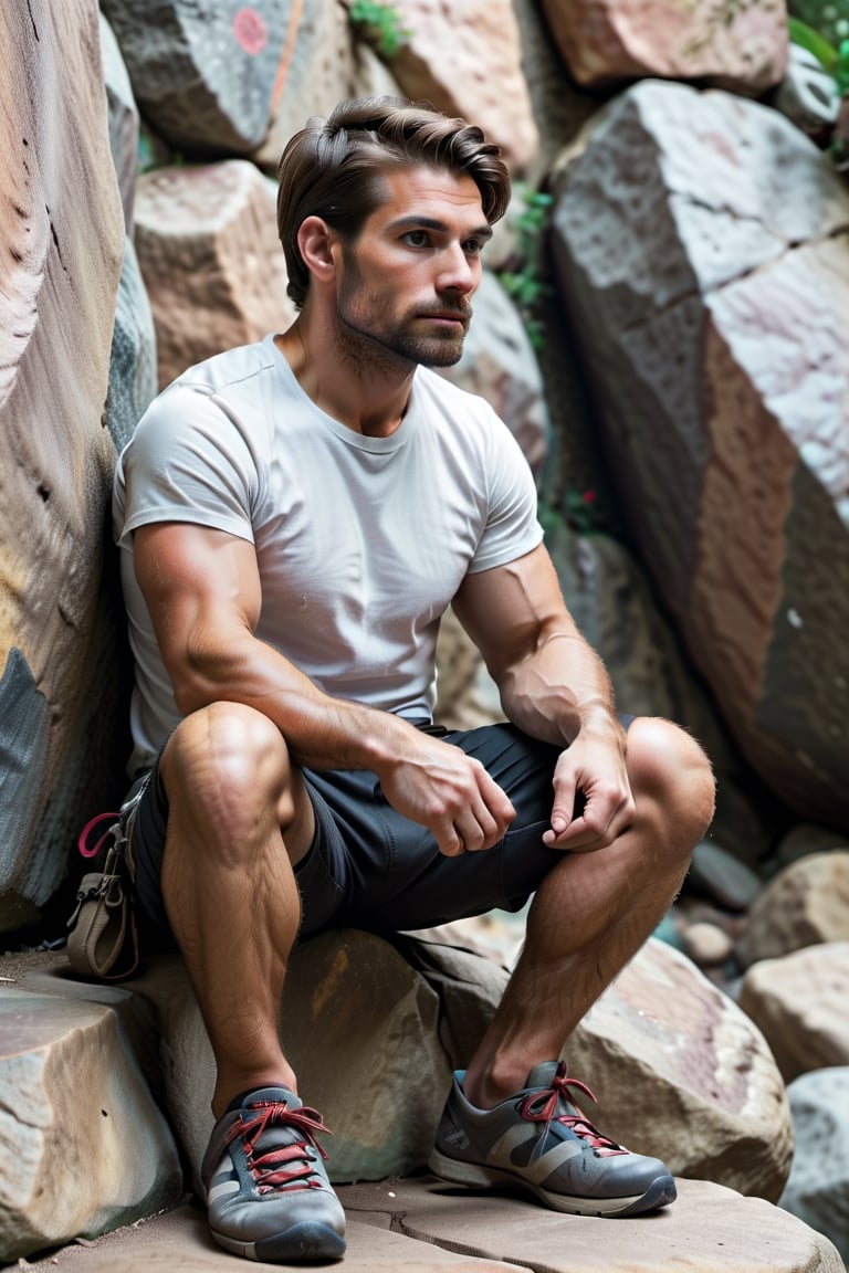 Describe the serene concentration of a 30-something British man, a seasoned white rock climber, as he sits cross-legged before a challenging bouldering wall. Dressed in rock climbing shoes, a crisp white T-shirt, and black shorts, he exudes a calm determination. With focused eyes, he gazes up at the intricate features of the bouldering wall, contemplating his next ascent. Explore the thoughts and emotions that dance within his mind, capturing the essence of the quiet intensity that surrounds this moment of preparation for the upcoming climb