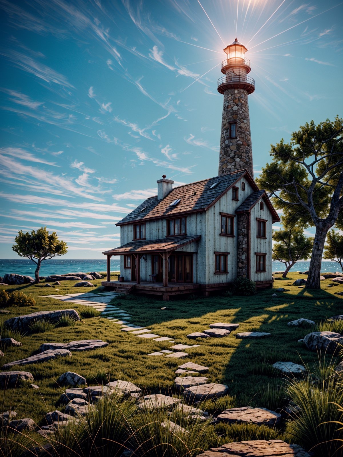 light house, by the sea, rock,wood house,grass,  (masterpiece),((ultra-detailed)), (highly detailed CG illustration),(expressionless), (best quality:1.2), High quality texture, intricate details, detailed texture, High quality shadow, Cinematic Light, Depth of field, light source contrast, perspective,20s, (ulzzang-6500-v1.1:0.5), , ,