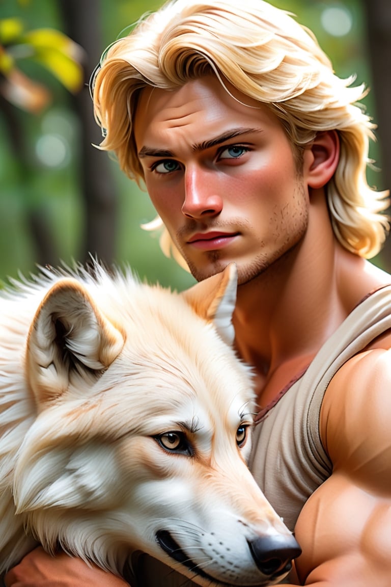 (Photorealistic), (portrait of Blake), (handsome blonde man), (muscular physique), (assertive yet kind expression), (falling in love), (white wolf princess), (emotional connection), (learning and growth), (dominance to empathy transition), (little brothers' sacrifice), (updating from hierarchy to wolf pack equality), (true king), (better world), (emotional atmosphere), (soft natural lighting), (detailed facial features), (emotionally resonant scene), (storytelling composition)